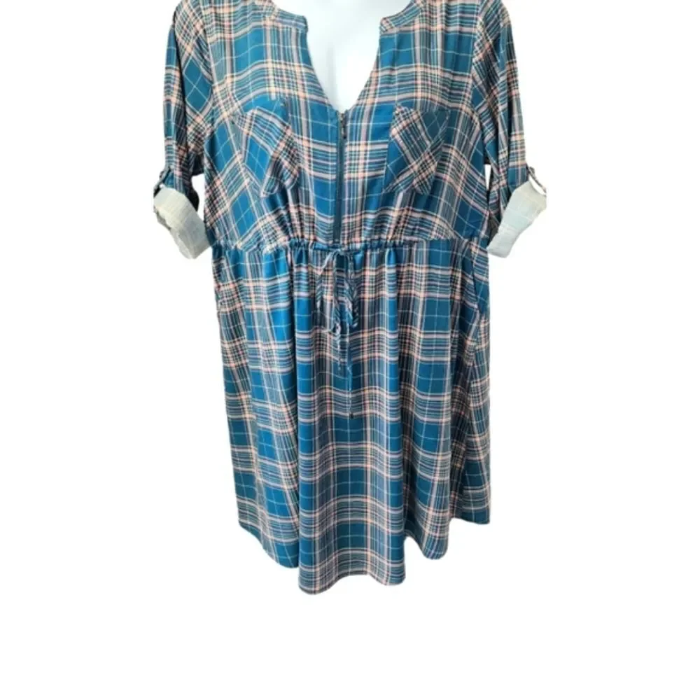 TORRID Blue & Pink Plaid Long Sleeve Stretch Challis Zip-Front Midi Dress 2X